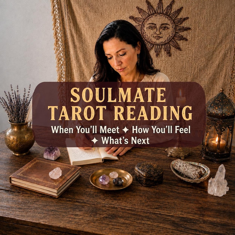 May include: A wooden table featuring a brass vase with dried lavender, a stack of books, a small dish with crystals, a dark box, a sage bundle, a candle lantern, and a text overlay reading SOULMATE TAROT READING When You'll Meet How You'll Feel What's Next.