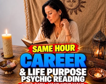 May include: A wooden table with a lit pillar candle, a bowl of crystals, a metal lantern with a lit candle, and a book. Text reads: SAME HOUR CAREER & LIFE PURPOSE PSYCHIC READING YOUR PATH • YOUR NEXT MOVE. A sun tapestry hangs in the background.