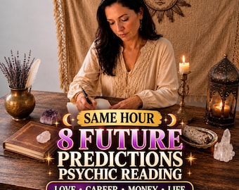 May include: A wooden table holds a brass vase with dried lavender, a leather-bound book, crystals, a candle in a brass holder, and a metal lantern. Text reads: SAME HOUR 8 FUTURE PREDICTIONS PSYCHIC READING LOVE CAREER MONEY LIFE.