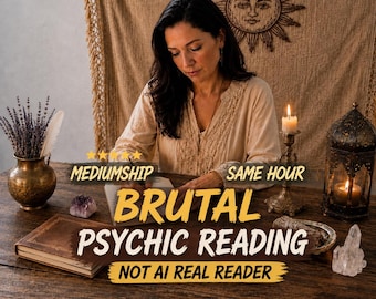 May include: A person writing in a notebook at a wooden table with a brass vase of lavender, a lit candle in a metal lantern, and crystals. Text reads: MEDIUMSHIP SAME HOUR BRUTAL PSYCHIC READING NOT AI REAL READER. A sun tapestry hangs in the background.
