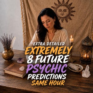 May include: A wooden table featuring a brass vase with dried lavender, a leather-bound book, two small crystals, a white candle in a brass holder, a sage bundle in a small dish, and a large clear crystal point, with text reading EXTRA DETAILED EXTREMELY 8 FUTURE PSYCHIC PREDICTIONS SAME HOUR.