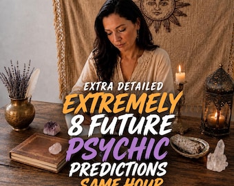May include: A wooden table featuring a brass vase with dried lavender, a leather-bound book, two small crystals, a white candle in a brass holder, a sage bundle in a small dish, and a large clear crystal point, with text reading EXTRA DETAILED EXTREMELY 8 FUTURE PSYCHIC PREDICTIONS SAME HOUR.