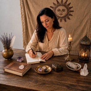 May include: A person writing in an open journal on a wooden table with a brass vase of dried lavender, a brass candle holder with a lit candle, a metal lantern, a small brass dish with crystals, a leather-bound book, and a sage smudge stick.