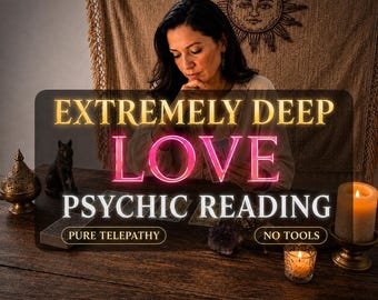 Pode incluir: Uma mesa de madeira com um baralho, uma pequena estatueta de lobo, um incensário metálico e uma vela acesa. O texto sobreposto diz: EXTREMELY DEEP LOVE PSYCHIC READING, PURE TELEPATHY, NO TOOLS. Uma pessoa sentada atrás da mesa no escuro.