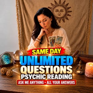 May include: A psychic reading service advertisement featuring text that reads SAME DAY UNLIMITED QUESTIONS PSYCHIC READING ASK ME ANYTHING ALL YOUR ANSWERS, with a person holding tarot cards behind a wooden table with a crystal ball.