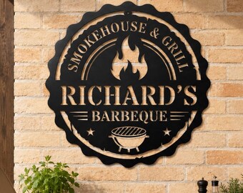 Letrero personalizado para barbacoa, letrero personalizado para parrilla ahumadora, arte de pared de metal para cocina al aire libre, regalo para barbacoa en el patio trasero