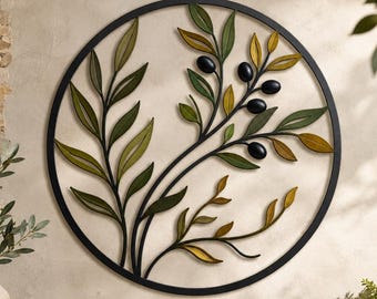 Adorno de pared de metal con forma de rama de olivo, decoración botánica redonda para pared, decoración mediterránea para el hogar, adorno rústico de pared inspirado en la naturaleza.