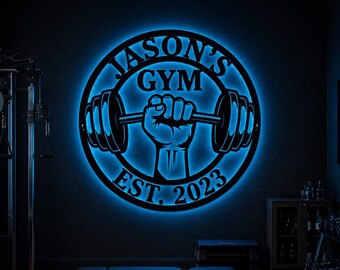 Letrero metálico personalizado para gimnasio con luces LED, letreros personalizados con el nombre del gimnasio, letrero para gimnasio, arte de pared metálico para levantamiento de pesas, letrero de fitness para decoración del hogar, regalo para papá
