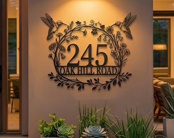 Letrero metálico personalizado para número de casa, letrero de dirección con colibrí y flores, letrero de dirección, decoración de pared exterior personalizada