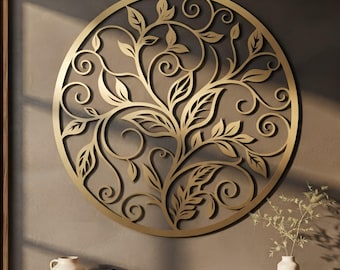 Botaniczna metalowa dekoracja ścienna, dekoracja z okrągłych liści winorośli, dekoracja ścienna inspirowana naturą, nowoczesny rustykalny wystrój domu, akcent ścienny w stylu ogrodowym