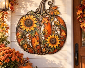 Decoración de pared metálica con forma de calabaza otoñal, decoración de porche con girasoles para otoño, letrero de cosecha de hojas de arce, decoración rústica para exteriores de Acción de Gracias.