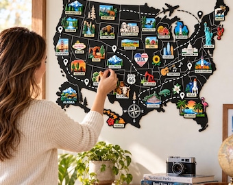 Mapa de viaje de EE. UU. en metal para pared, rastreador de viajes por carretera de Estados Unidos, decoración colorida con lugares emblemáticos estatales, mapa de aventuras americano, regalo para viajeros.
