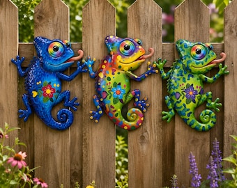 Decoración de pared de camaleón de metal colorido, arte de pared de camaleón para jardín exterior, decoración de patio y jardín, regalo, decoración de jardín de lagarto caprichosa