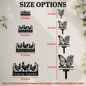 May include: A size guide for metal garden stakes showing four chicken designs labeled 'PECKERS' PARADISE' and four butterfly designs with the name 'JASSIE' and dates '1997-2026'. Sizes are listed as 12, 18, 24, and 32 inches in length.