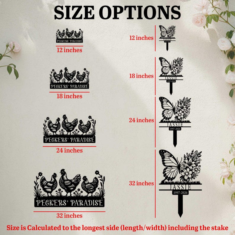May include: A size guide for metal garden stakes showing four chicken designs labeled 'PECKERS' PARADISE' and four butterfly designs with the name 'JASSIE' and dates '1997-2026'. Sizes are listed as 12, 18, 24, and 32 inches in length.