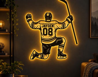 Letrero metálico personalizado para jugador de hockey con luz LED, arte de pared de hockey con nombre y número personalizados, decoración deportiva, regalo de hockey para niños y hombres.