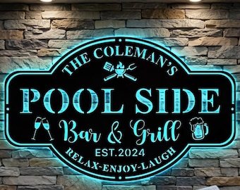 Letrero personalizado para bar de piscina con luz LED, decoración de pared para bar y parrilla al aire libre, letrero para casa de piscina, decoración para bar y parrilla, letrero de pared para patio trasero al aire libre