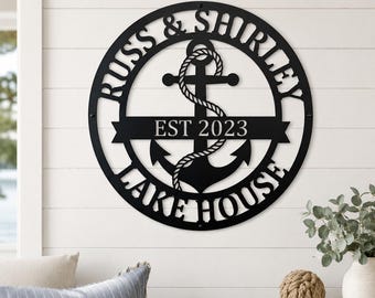 Letrero metálico personalizado para casa de lago con ancla, decoración de pared con ancla y nombre familiar personalizado, letrero náutico para cabaña, decoración de pared para casa de lago.