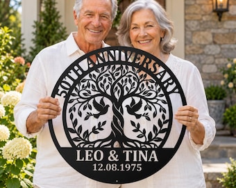 Regalo personalizado de aniversario de bodas, árbol de la vida de metal personalizado para pared, letrero con los nombres de la pareja, decoración de aniversario de oro para padres.