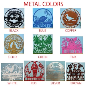 May include: A collection of eleven circular and rectangular metal wall signs in various colors including black, blue, copper, gold, green, pink, white, red, silver, and brown. Each sign features intricate laser-cut designs of animals, nature, and text.