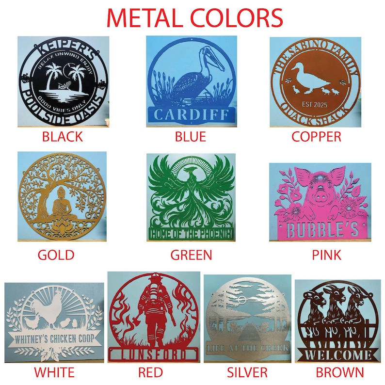May include: A collection of eleven circular and rectangular metal wall signs in various colors including black, blue, copper, gold, green, pink, white, red, silver, and brown. Each sign features intricate laser-cut designs of animals, nature, and text.