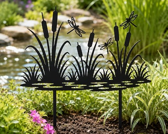 Estaca de jardín de metal con forma de espadaña, adorno de jardín con libélulas, decoración de jardín de metal con forma de espadaña, estaca de jardín para exteriores con libélulas, decoración de césped con espadaña y libélulas