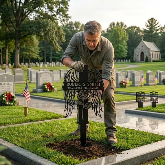 Personalized Angel Wing Memorial Cross: Custom Metal Grave Marker with Name Dates, Cemetery Garden Stake