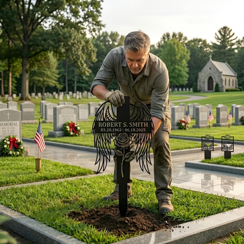 Personalized Angel Wing Memorial Cross: Custom Metal Grave Marker with Name Dates, Cemetery Garden Stake image 1