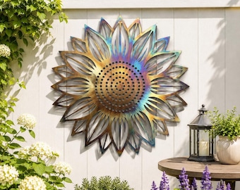 Große Sonnenblume Metallwandkunst, Gartenzaundekor im Freien, rustikale Blumenwandbehang, Sonnenblumenmetallgartenkunst, buntes Blumendekor,