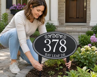 Personalized House Number Yard Sign, Custom Address Plaque With Stakes,House Number Sign, Oval Outdoor Garden Marker,