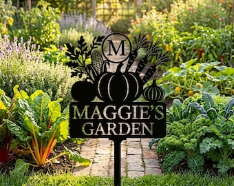 Estaca personalizada para huerto, letrero para huerto, marcador de jardín personalizado, adorno de metal para el jardín, regalo para mamá jardinera.