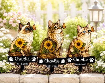 Personalisierte Katzen-Sonnenblumen-Gedenk-Gartenpfahl, Katzen-Gedenkschild, Sonnenblumen-Katzen-Metallwand-Kunst, Sonnenblumen-Katzen-Dekor, Katzenliebhaber-Geschenk