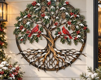 Adorno de pared metálico con cardenal navideño, decoración del árbol de la vida invernal, adorno de pared con pájaros rojos y acebo, decoración navideña rústica de granja.