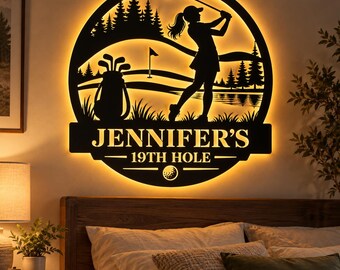 Letrero de golf personalizado con luz LED, arte de pared personalizado para golfista femenina, decoración para sala de golf de mujer, letrero para casa club de golf, regalo de golf para ella.