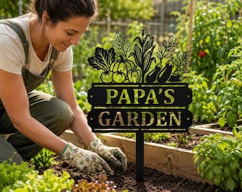 Letrero personalizado para huerto, decoración para huerto, estaca para jardín de papá, marcador de huerto, decoración para patio de verduras, regalo para el Día del Padre
