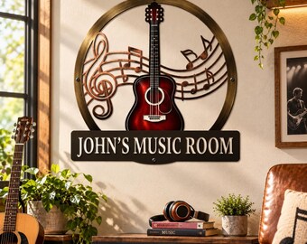 Letrero metálico personalizado para guitarra, arte de pared personalizado para sala de música, decoración de guitarra acústica, letrero de pared con notas musicales, regalo para guitarristas