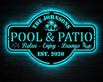 Benutzerdefiniertes Pool- und Terrassenschild-LED-Licht, Freibad-Dekor, Metallpatio-Wandkunst, Hinterhof-Außenloungeschild, tropische Außenwandkunst