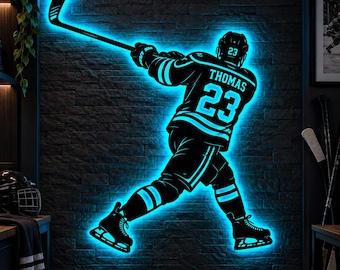Personalisiertes Hockey-Metallschild mit LED-Beleuchtung, individuelles Wandbild mit Eishockeyspieler, Hockey-Schlafzimmerdeko, Sportgeschenk für Jungen