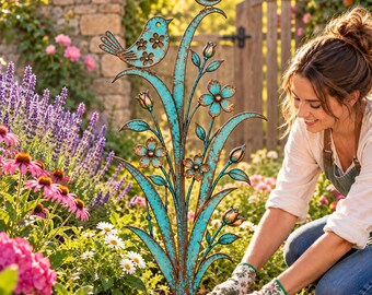 Estaca de metal para jardín con diseño de pájaro, arte rústico de pájaros y flores en color turquesa, escultura de jardín para exteriores, decoración de jardín primaveral, regalo para amantes de las aves