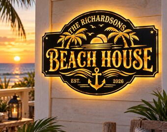 Letrero metálico personalizado para casa de playa con luz LED, decoración costera personalizada con palmeras, decoración costera para exteriores, regalo tropical para inauguración de casa de playa.