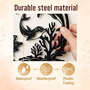 May include: A black steel wall art piece featuring a cutout design of a dolphin swimming near coral. The text Durable steel material is at the top. Three circular icons at the bottom indicate the product is Waterproof, Weatherproof, and has a Powder Coating.