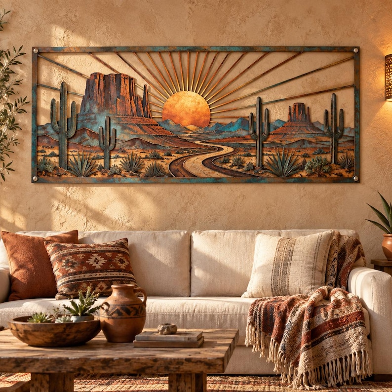 Desert Metal Wall Art, Southwest Cactus Sunset Decor, Rustic Western
