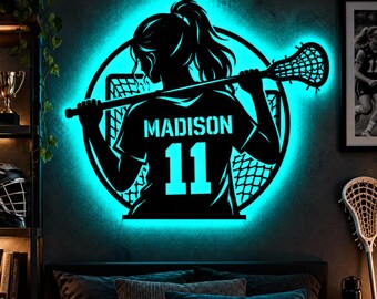 Personalisierte Wanddekoration aus Metall mit LED-Beleuchtung für Mädchen-Lacrosse, Geschenk für Lacrosse-Teams, Schlafzimmerdekoration für Lacrosse-Spielerinnen