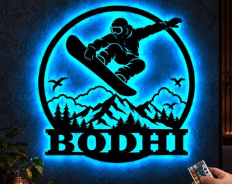 Letrero metálico personalizado para snowboard con luz LED, arte de pared personalizado para snowboard con nombre, decoración de montaña, regalo para snowboarders para hombres y niños.
