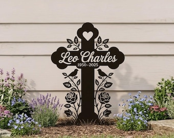 Personalisierte Gedenkkreuz Gartenstecker mit Vögeln, kundenspezifische Metallgravur mit Namen Datum, Beileid im Freien, Trauergeschenk,