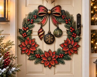 Weihnachtskranz aus Metall, rote Weihnachtsstern-Türdekoration, rustikaler Weihnachtskranz mit Schleife und Ornamenten, Weihnachtsdekoration für die Veranda