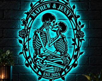 Cuadro metálico personalizado de pareja de esqueletos con luces LED, símbolo de amor gótico, regalo de aniversario personalizado para parejas, decoración romántica de calaveras.