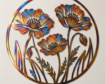 Adorno de pared metálico con coloridas flores de amapola, decoración rústica de flores silvestres para pared, adorno floral botánico para pared, decoración para patio o jardín al aire libre.