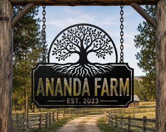 Personalisiertes Baum Farm Metallschild, kundenspezifisches hängendes Ranch-Torschild, Gehöft-Eingabeschild mit Baum des Lebens, Ranch-Dekor, Familienbauernhofgeschenk