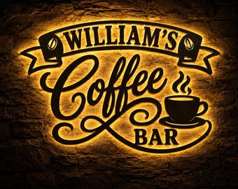 Benutzerdefinierte Kaffeebar Schild LED-Licht, Metall Kaffeebar Wandschild, Hintergrundbeleuchtung Cafe Decor, personalisierte Kaffee-Liebhaber-Geschenk, Hausbar oder Küche